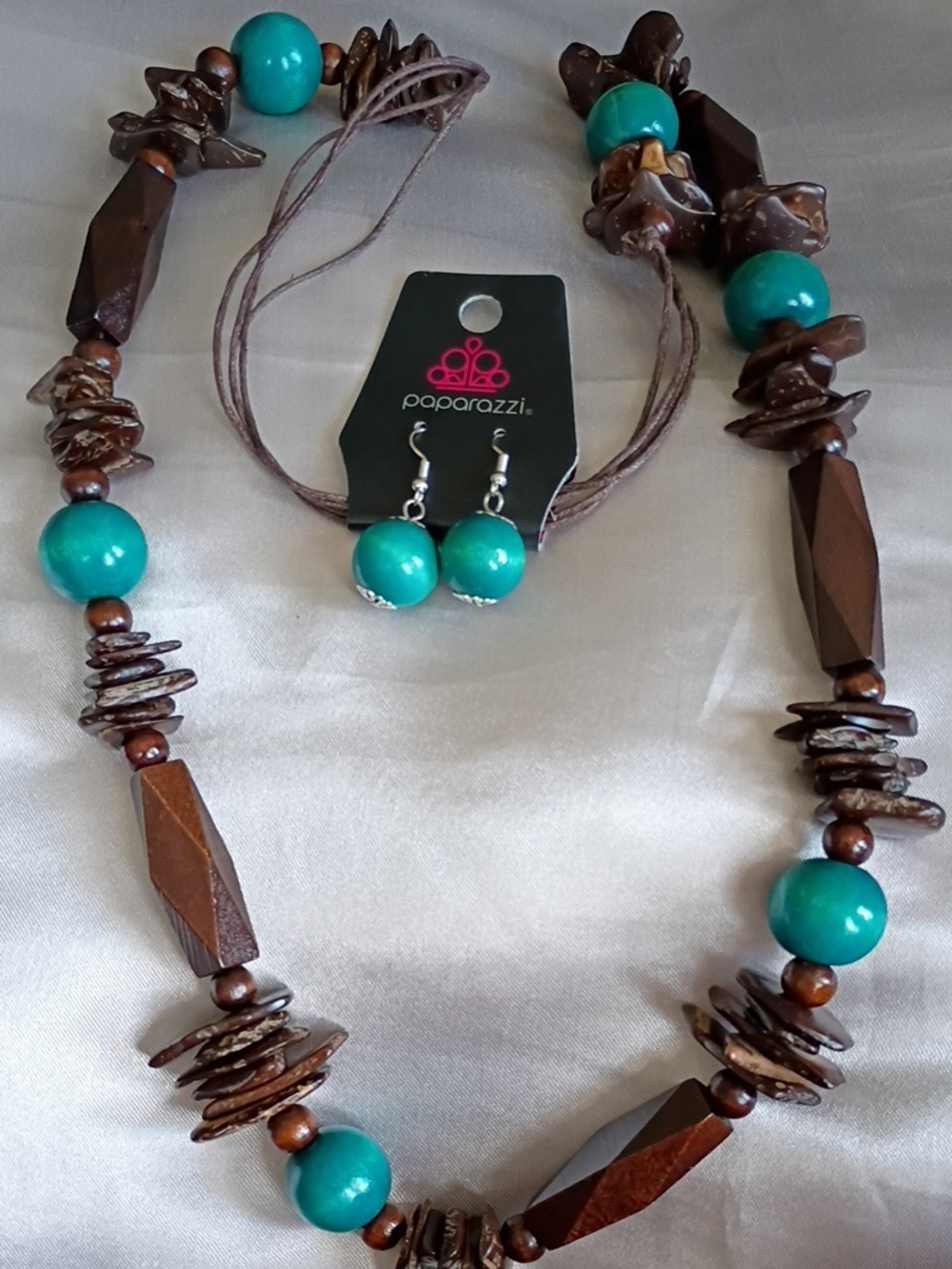 paparazzi Turquoise and Brown Beaded Necklace with Matching Earrings